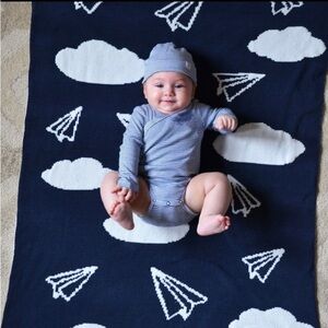 Hello Spud Paper Airplanes Chenille Baby Blanket Blue White Reversible Nursery